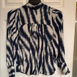 Navy and White Graphic Long Sleeve Blouse French Cuff